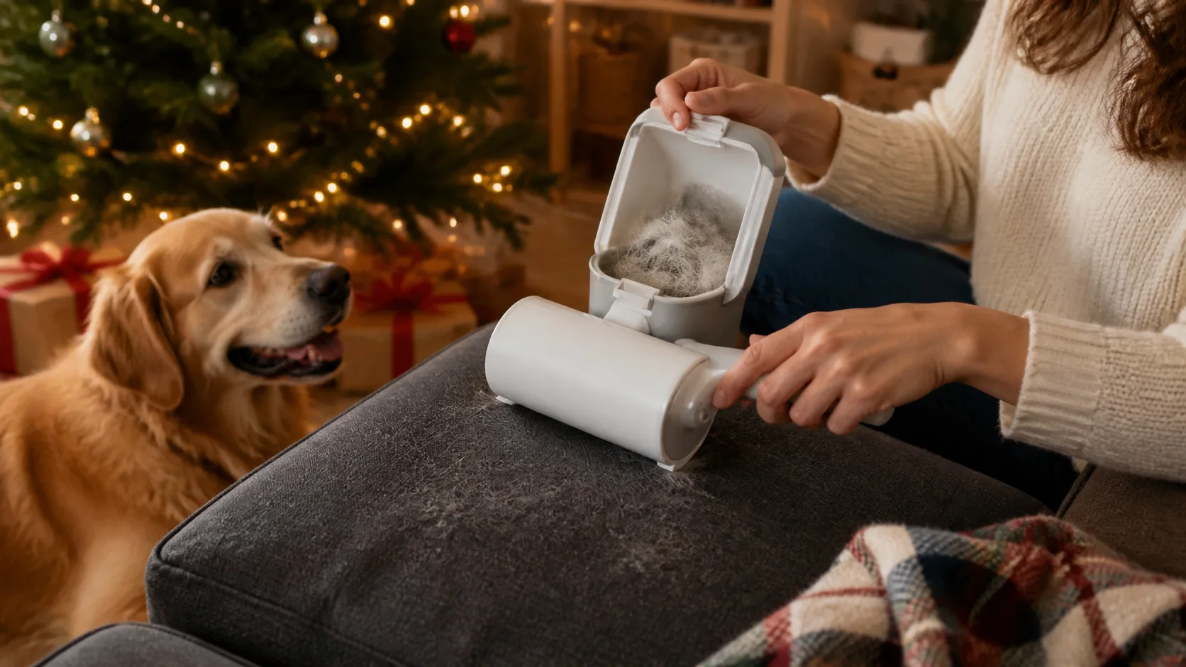 Representative handheld roller lifting fur from a fabric sofa cushion