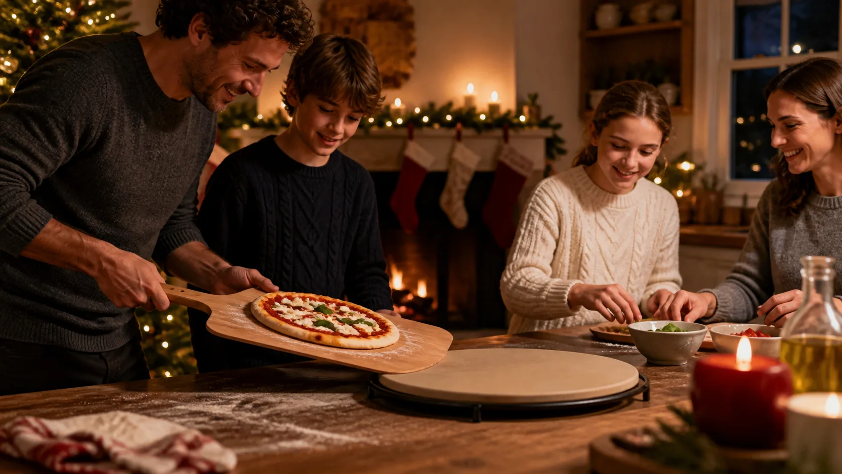 Representative round pizza stone with a wooden peel sliding a pizza onto it