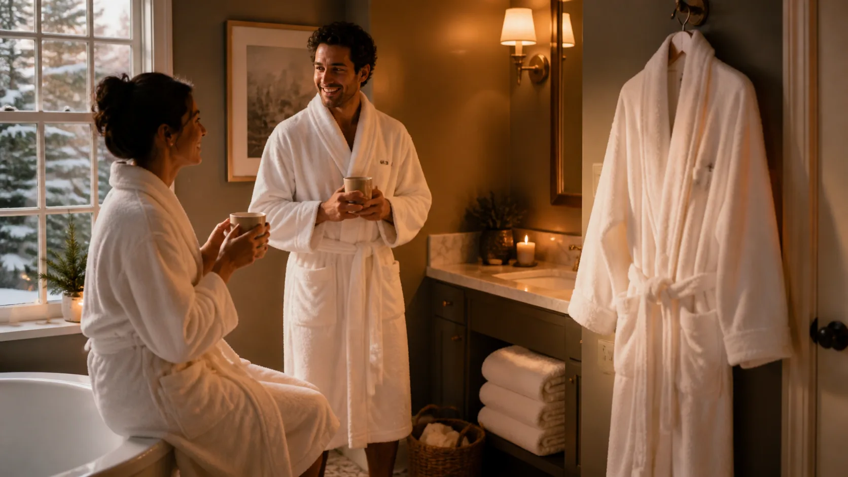 Representative thick white spa robe hanging on a bathroom hook beside folded towels