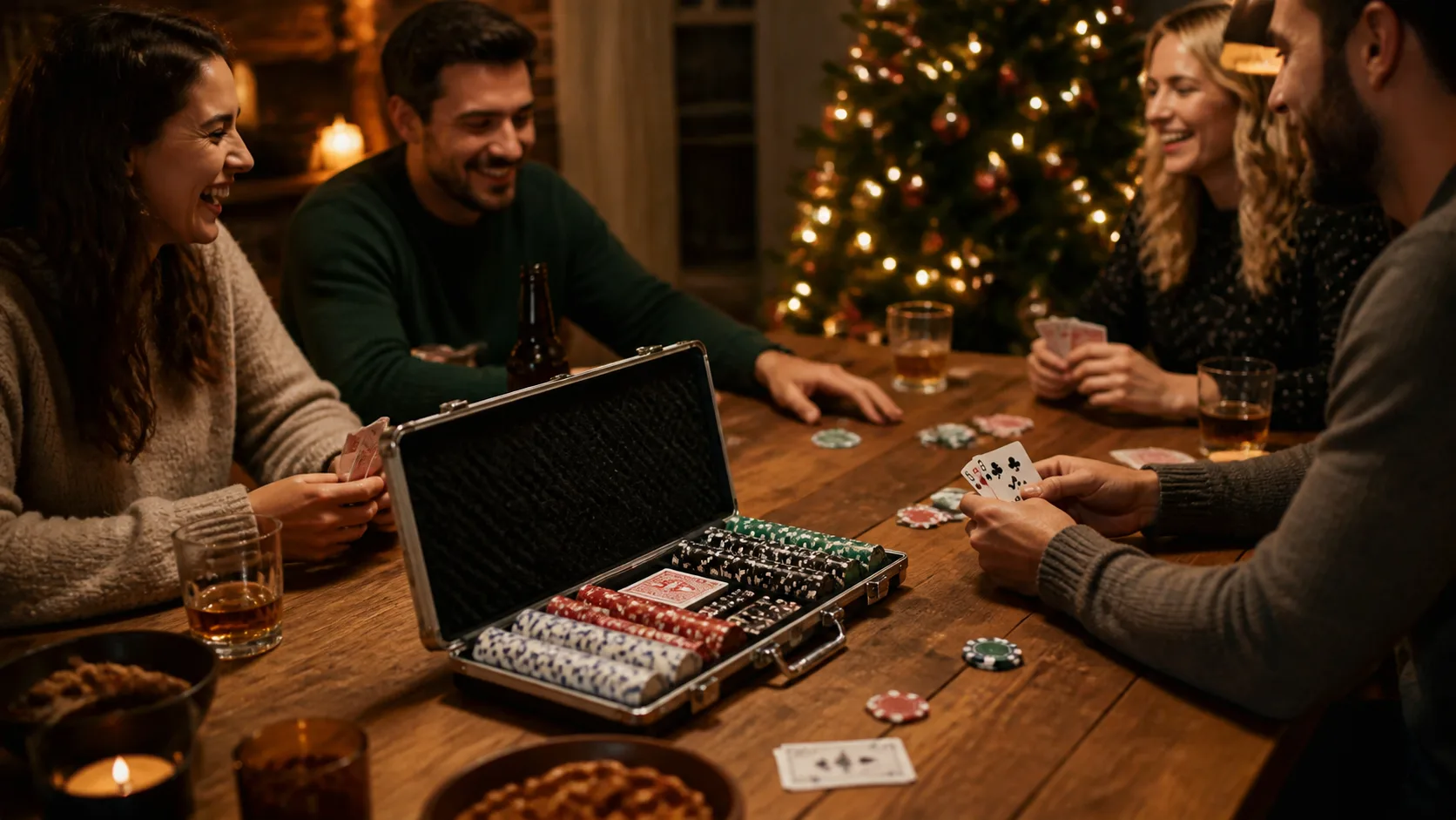 Representative poker chip set arranged in an open carrying case with playing cards