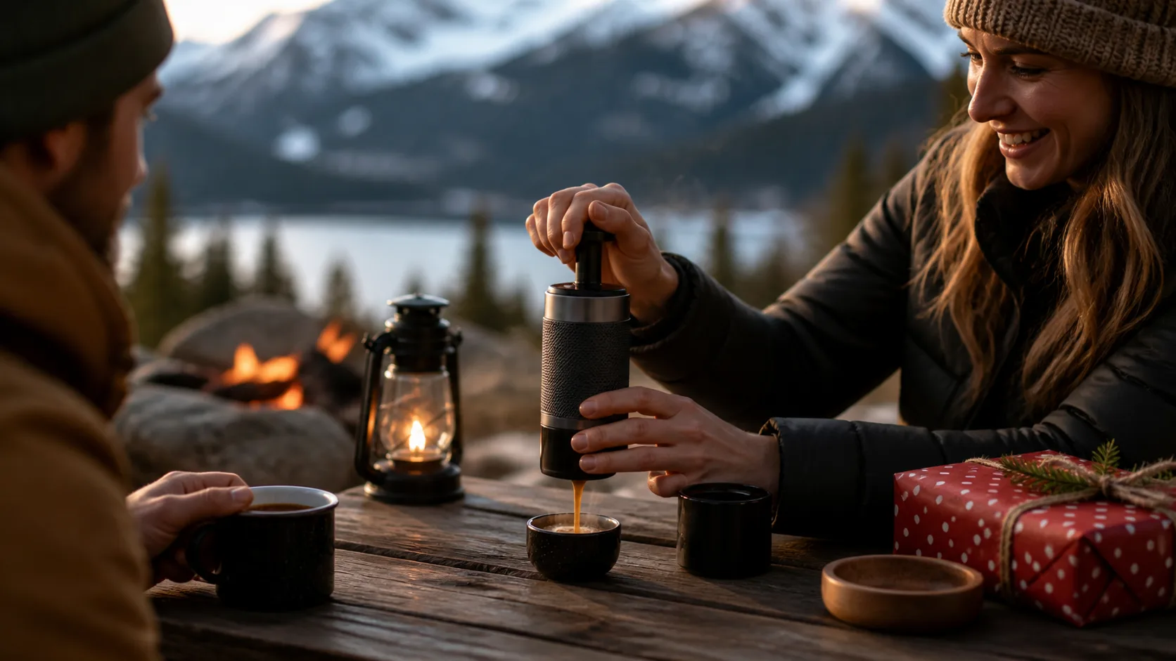 Representative handheld espresso maker pulling a shot into a small cup outdoors