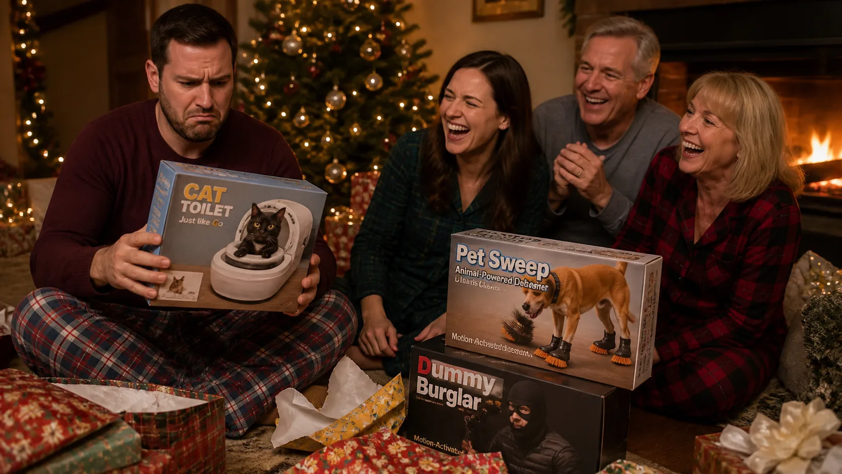 Representative stack of joke gift boxes printed with fake product designs