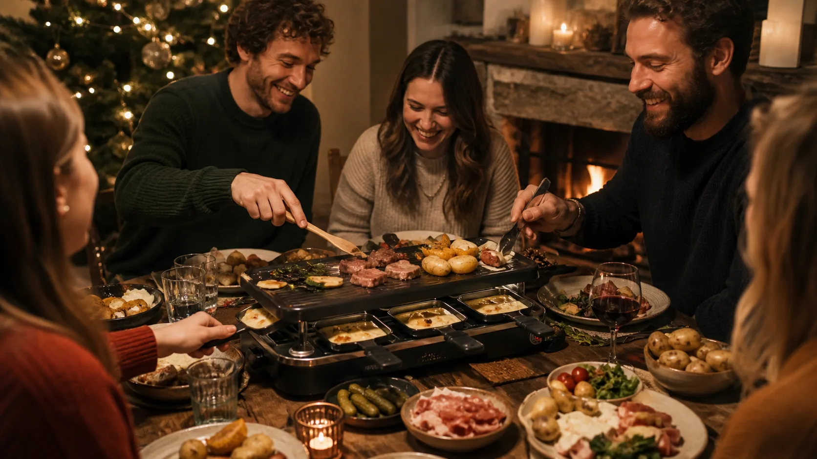 Representative raclette table grill surrounded by dinner guests' plates