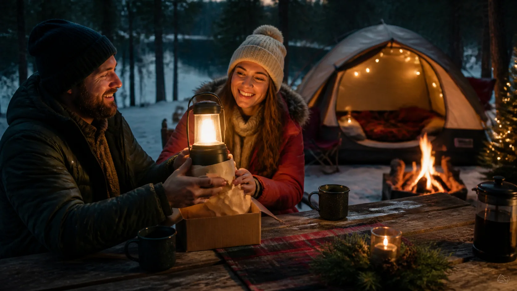 Representative rechargeable lantern glowing on a campsite picnic table at dusk