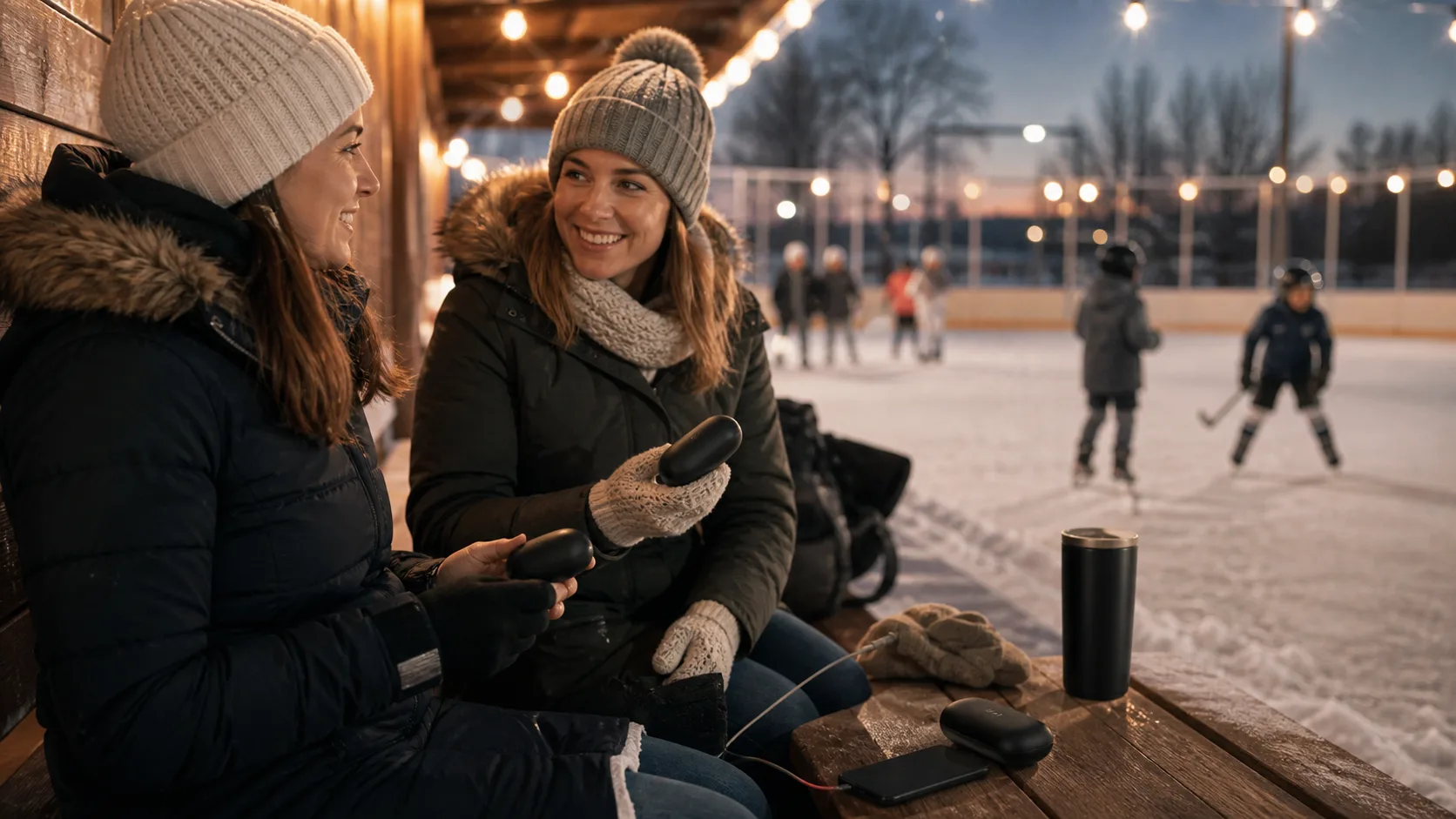 Representative pair of pocket-sized rechargeable hand warmers on a rink bench