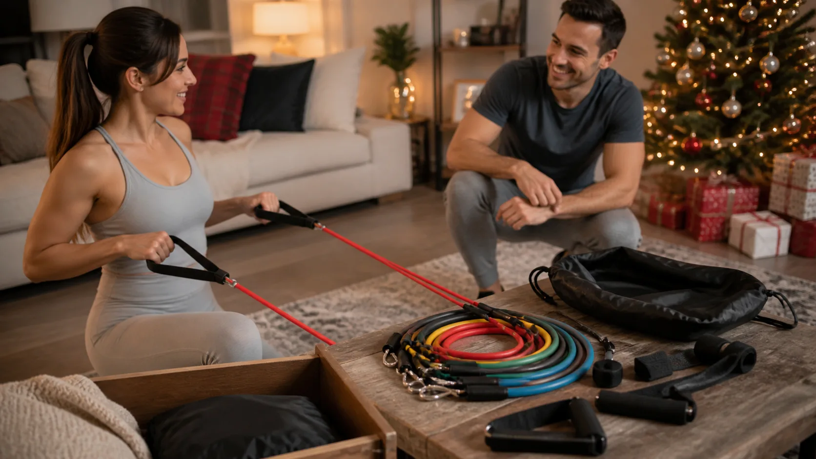 Representative colourful resistance bands with handles fanned out beside a pouch