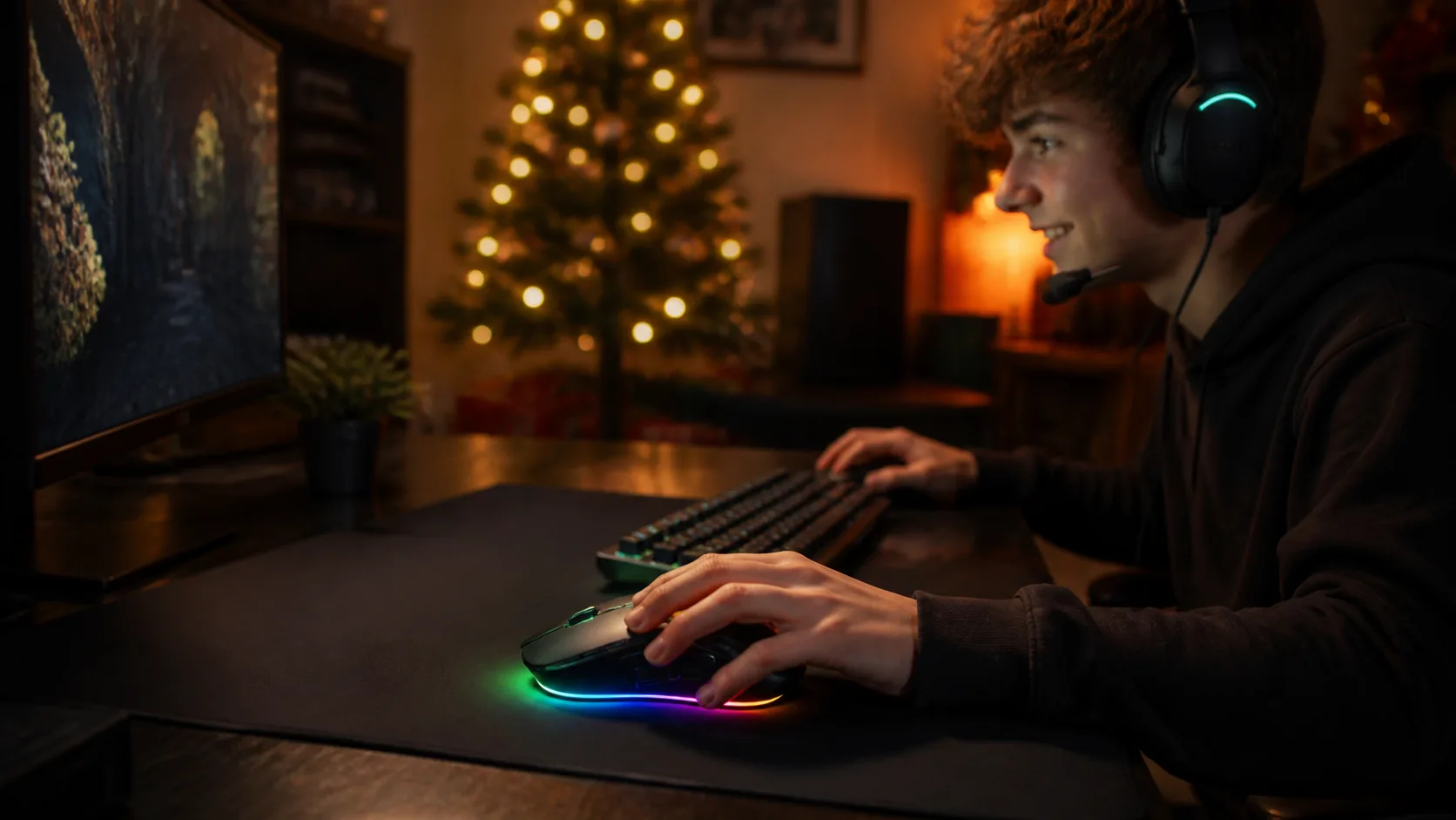 Representative gaming mouse glowing with rainbow lighting on a dark desk mat