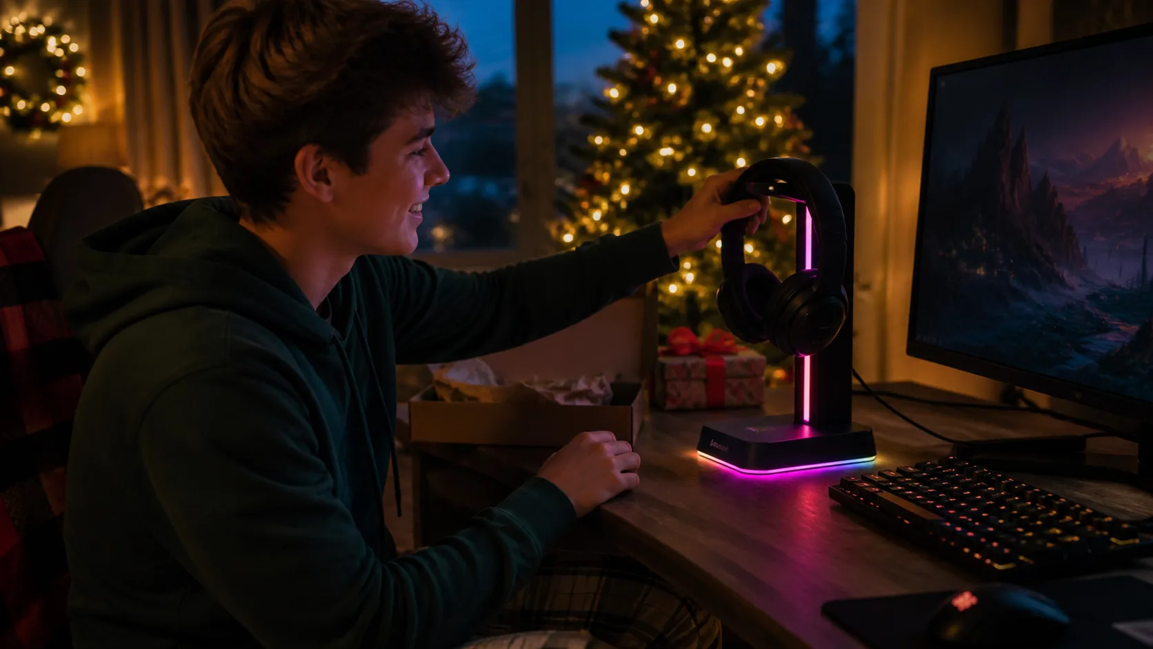 Representative illuminated headset stand holding a gaming headset on a desk at night