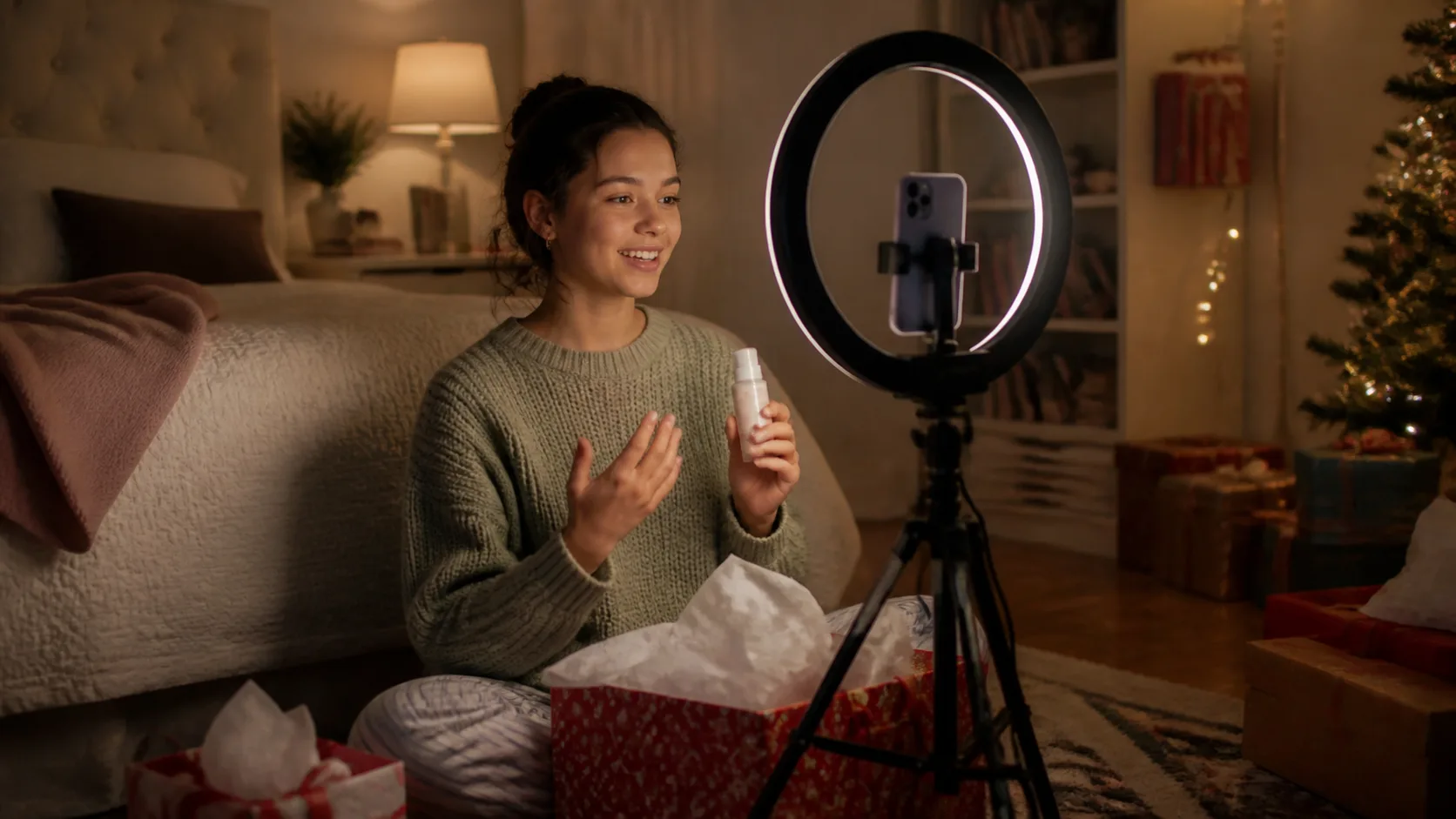 Representative glowing ring light on a tripod stand with a phone mounted in the centre