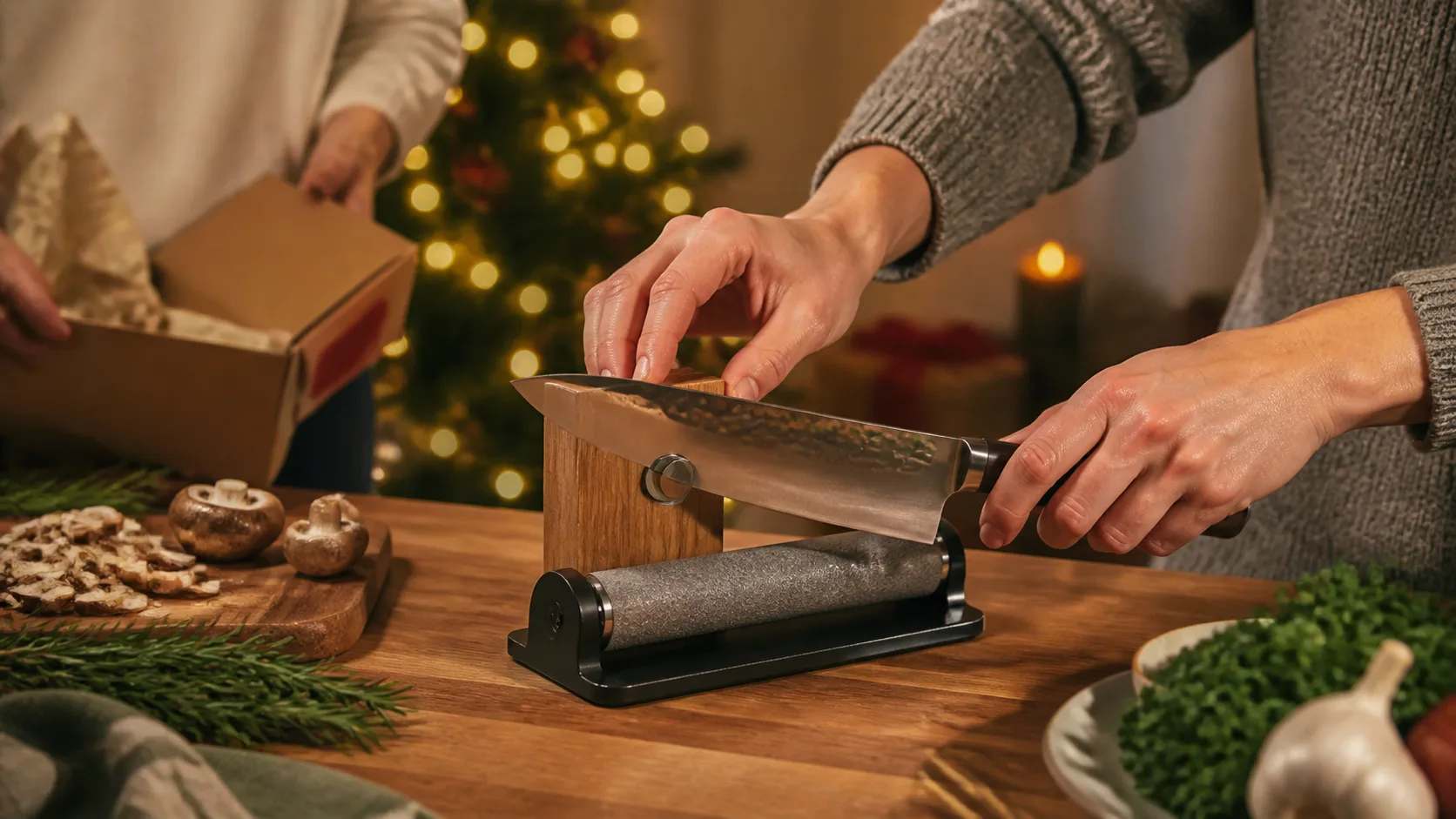 Representative rolling knife sharpener with a knife held against its magnetic block