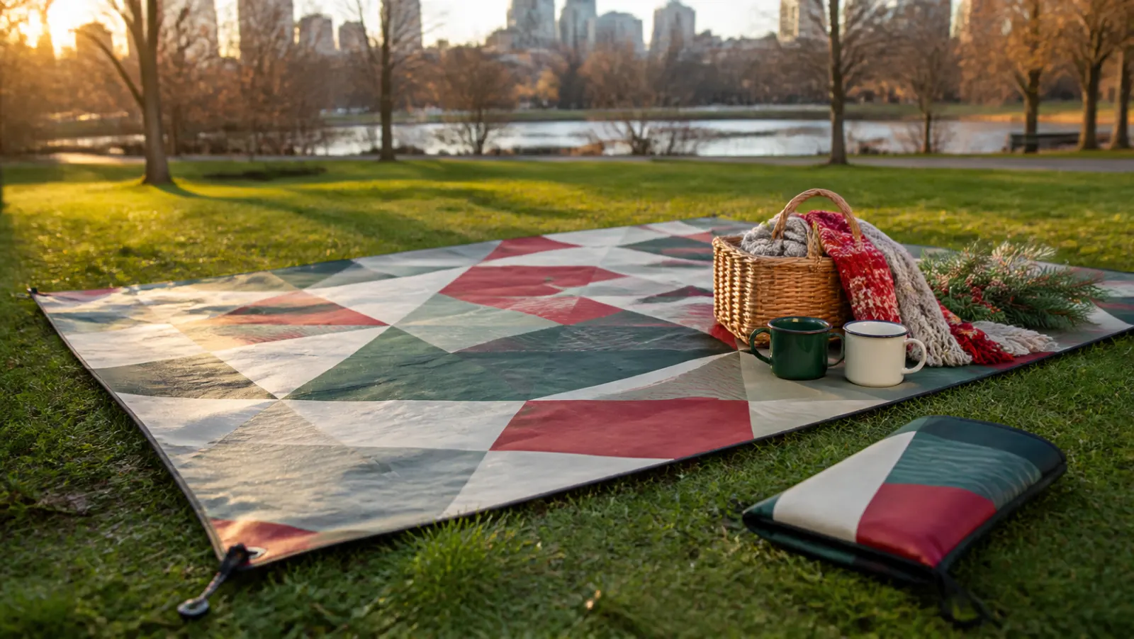 Representative colourful packable ground mat spread on grass beside a picnic basket in a winter park