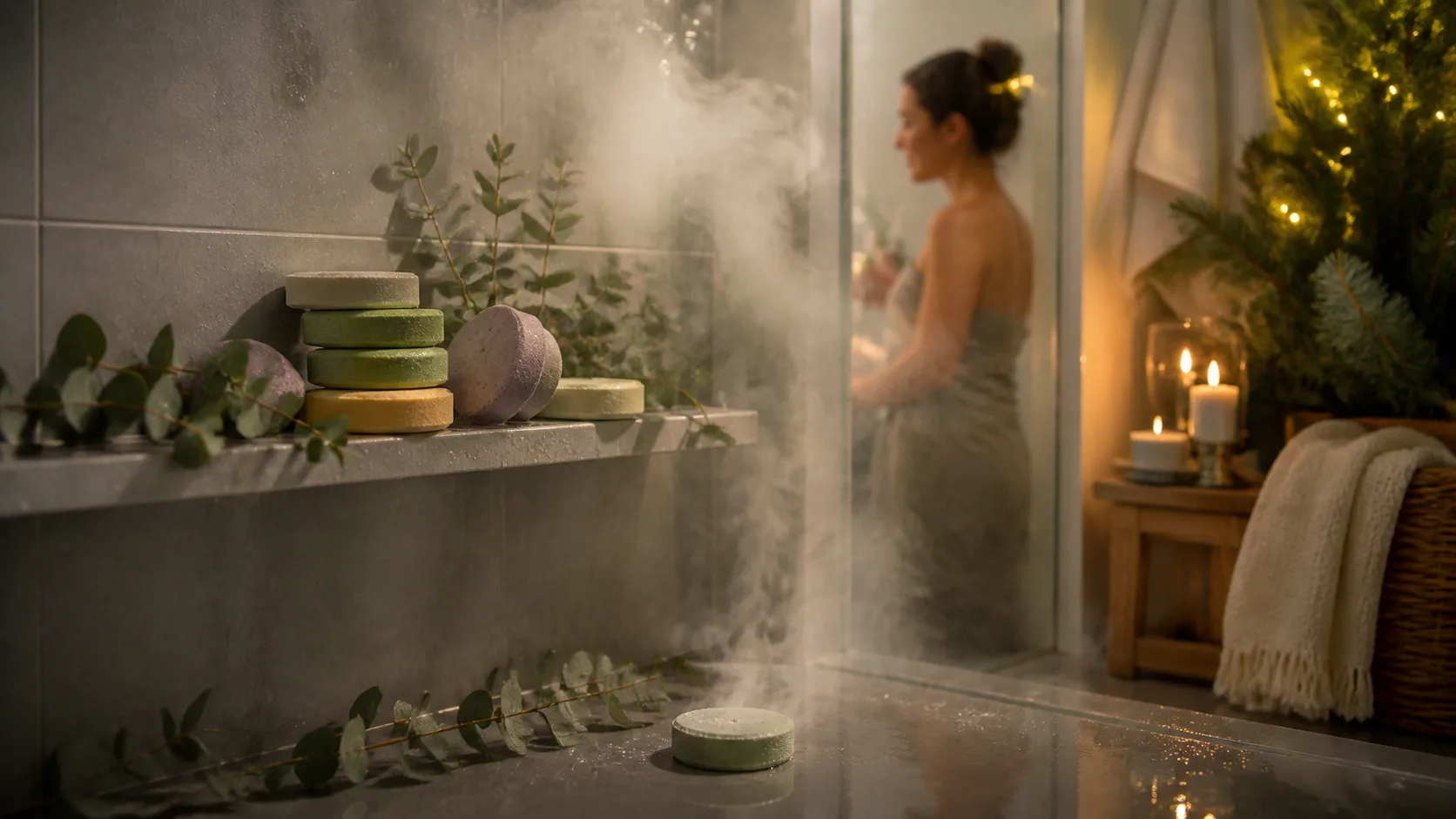 Representative round scented tablets arranged on a shower shelf with eucalyptus sprigs
