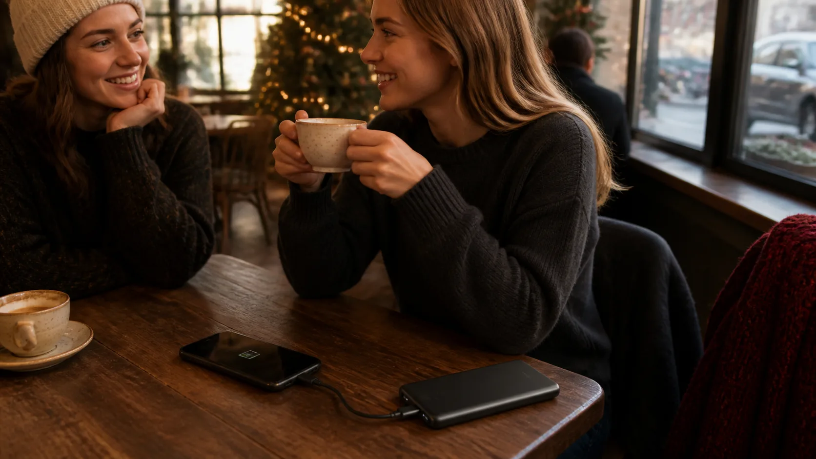 Representative slim power bank charging a phone on a cafe table