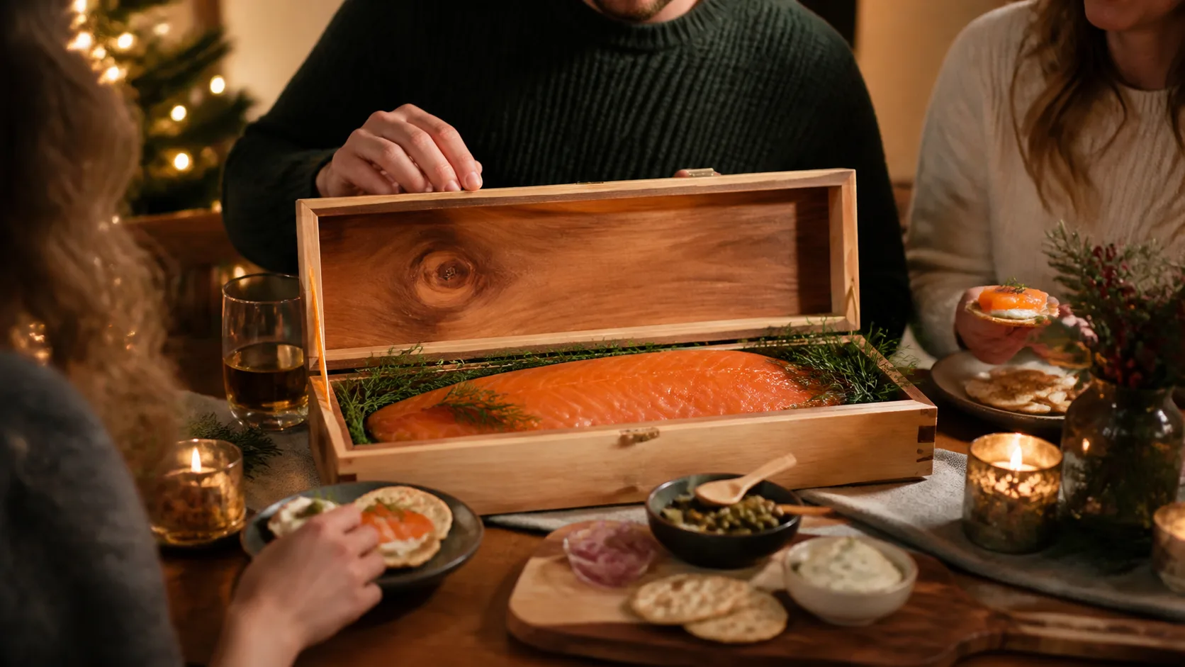 Representative smoked salmon fillet in a wooden gift box with cedar accents