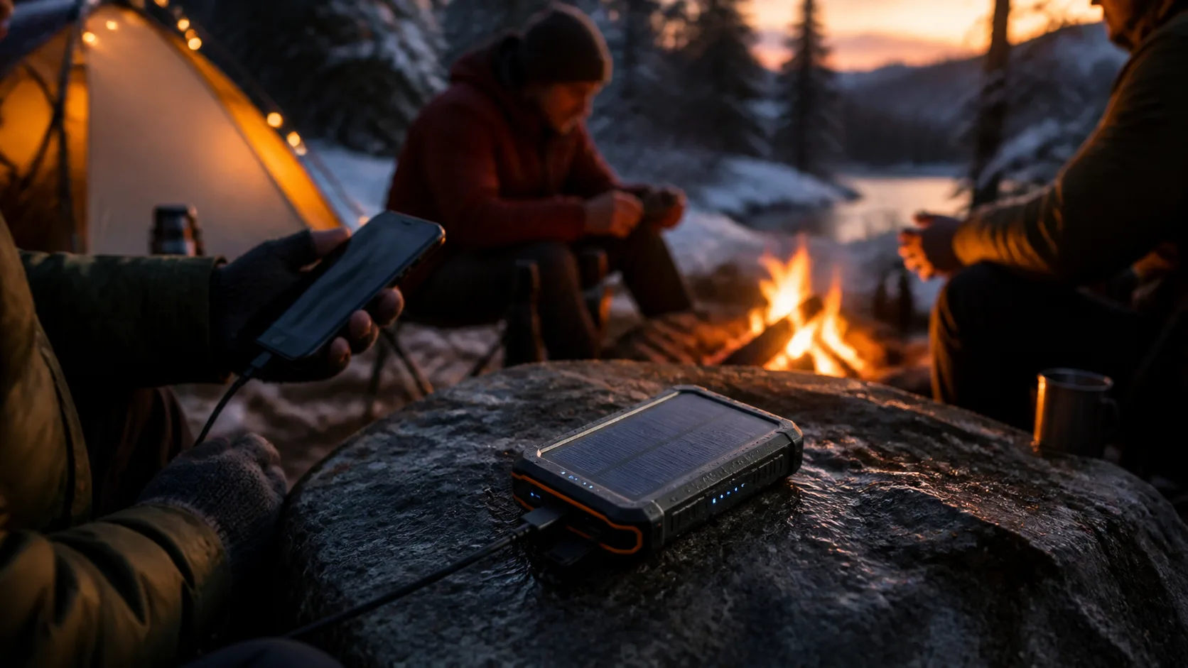 Representative rugged power bank with a solar panel resting on a trail rock