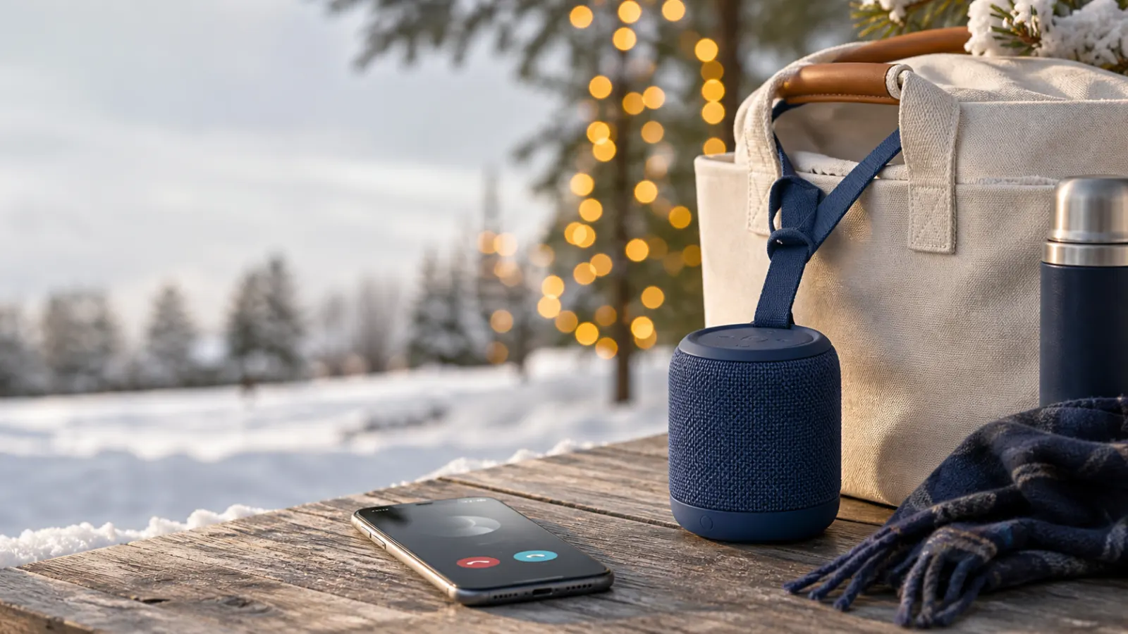 Representative compact cylindrical waterproof speaker hanging by a soft strap from a winter picnic bag