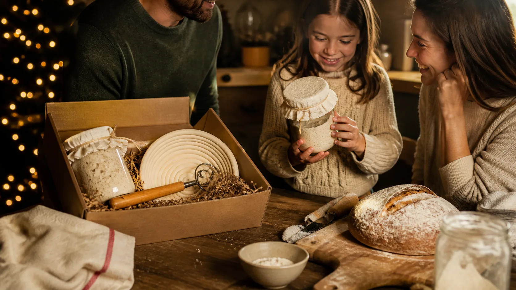 Representative sourdough starter kit with a glass jar, cloth cover, and baking tools