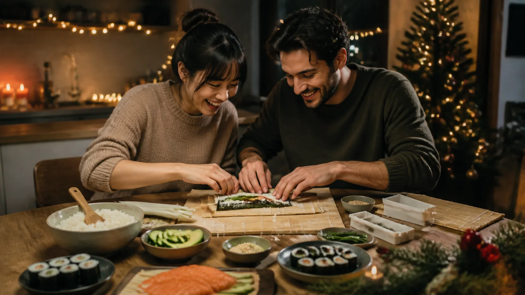 Representative bamboo rolling mat with fresh sushi rolls and a rice paddle