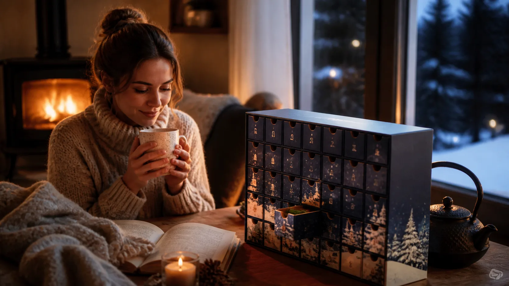 Representative wintry box with tiny drawers of tea sachets next to a cozy teacup