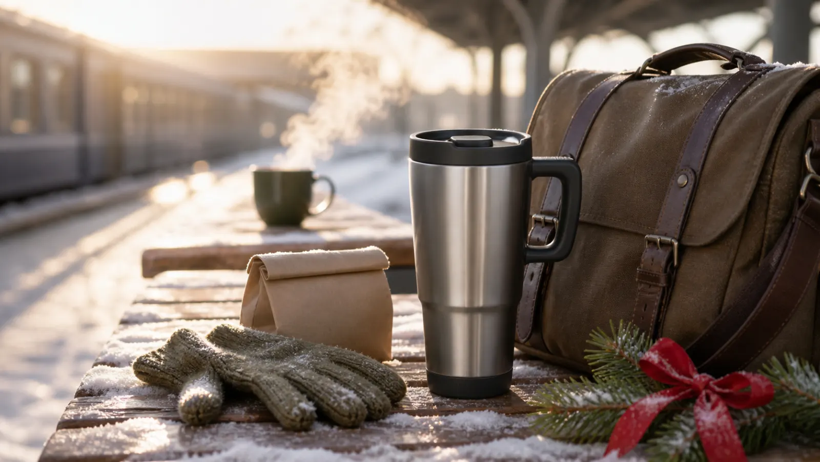 Representative handled insulated travel mug with a closed sliding lid beside a winter commuter bag