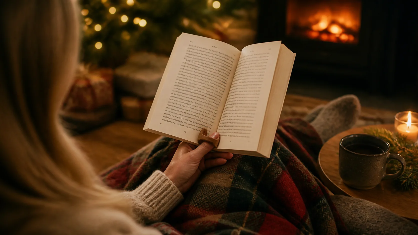Representative wooden thumb ring page holder keeping a paperback open on a blanket