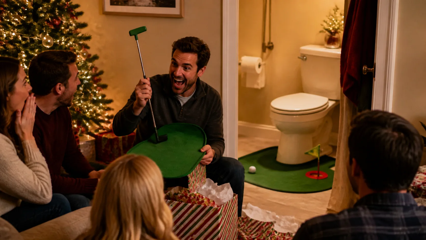 Representative mini putting green set up on a bathroom floor