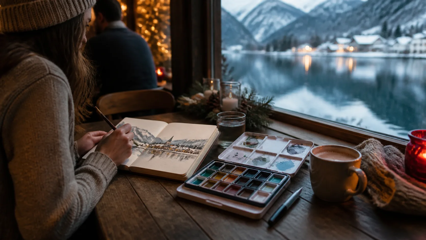 Representative compact watercolour palette open beside a small sketchbook and brush