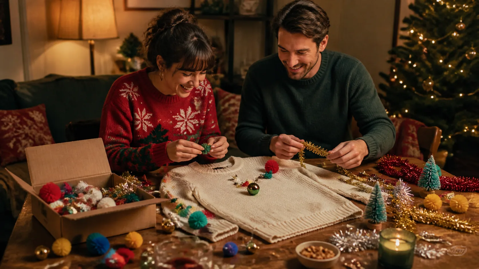 Representative craft kit of pom-poms, tinsel, and mini ornaments beside a plain sweater