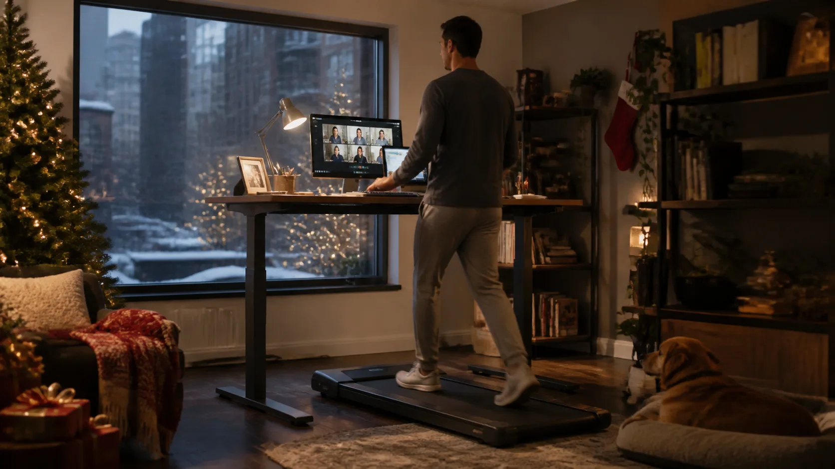 Representative slim walking pad set up beneath a standing desk in a home office