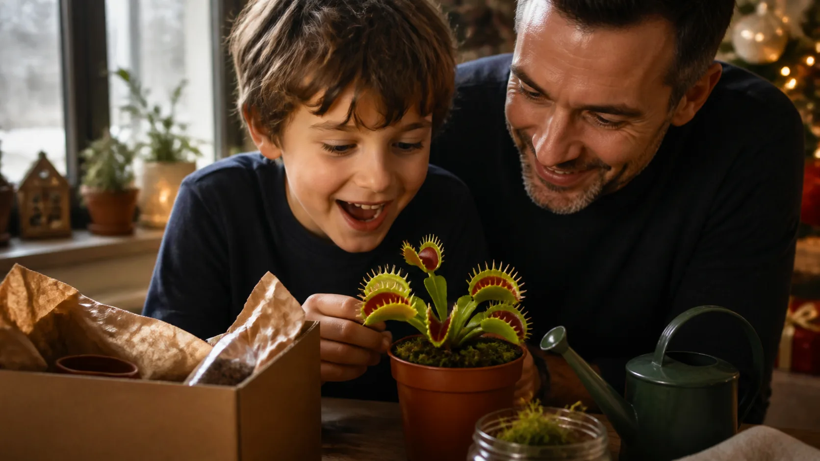 Representative small venus flytrap plant with open traps in a windowsill pot