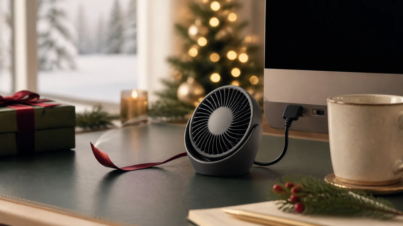 Representative compact grey USB desk fan tilted in a magnetic cradle beneath a monitor