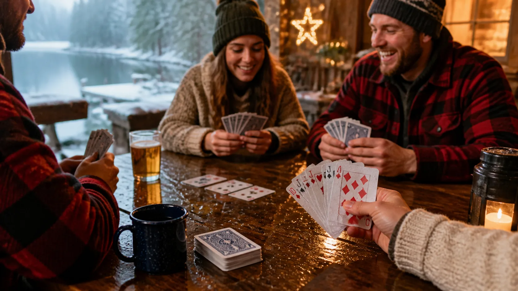 Representative deck of plastic playing cards fanned out beside water droplets