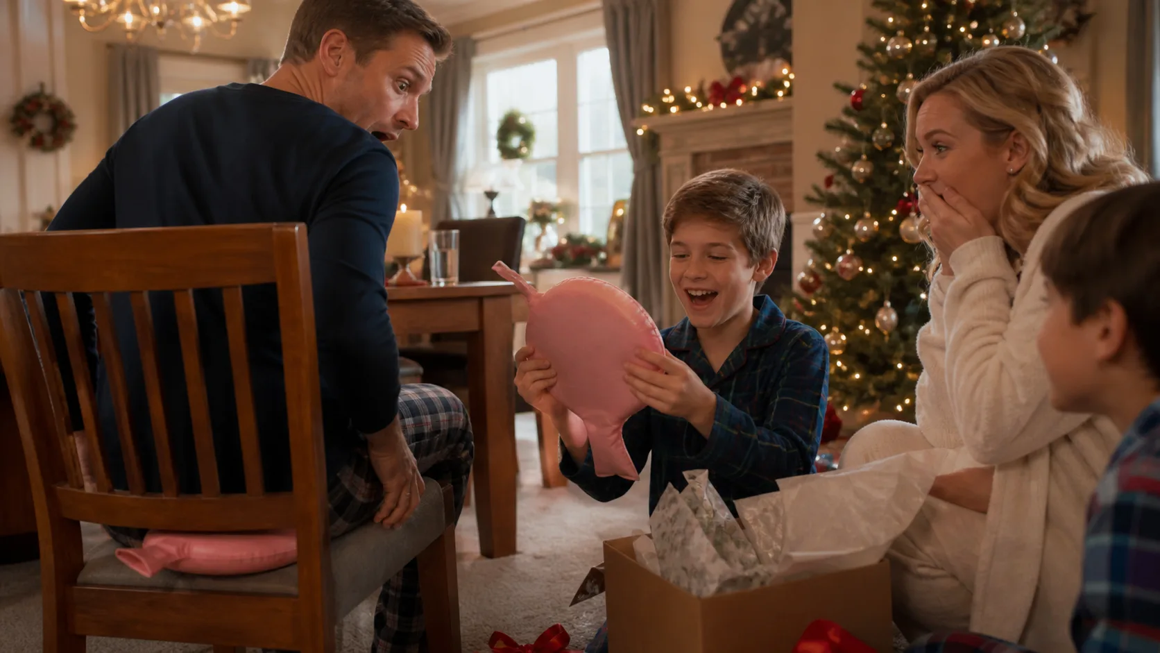 Representative pink whoopee cushions resting on a dining chair