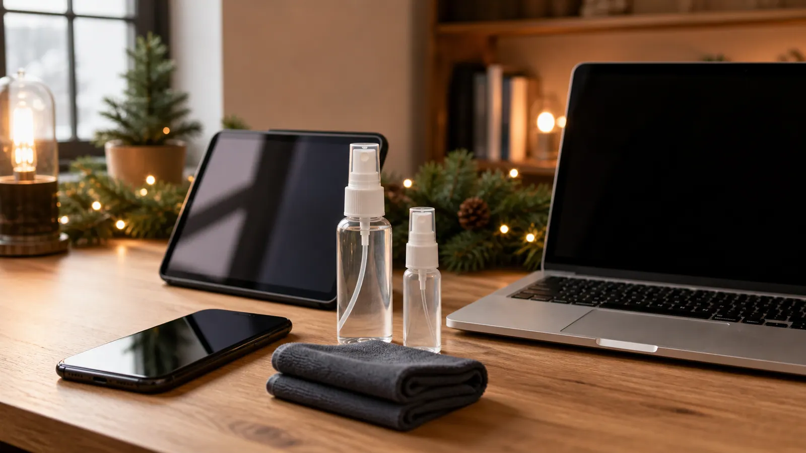 Representative screen-cleaning sprays and folded cloth beside a phone, tablet and laptop