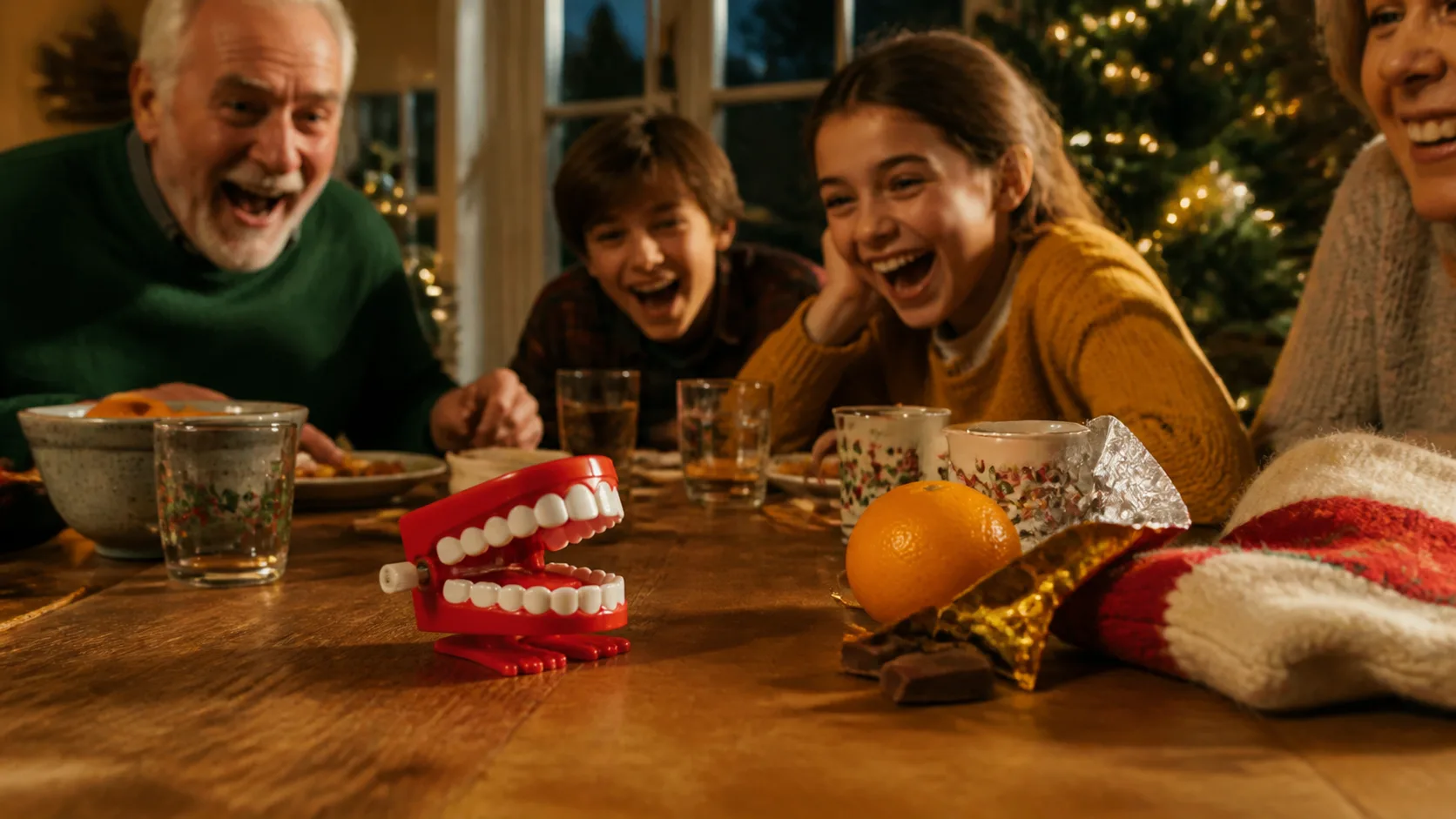 Representative wind-up chattering teeth toy mid-clatter on a wooden table