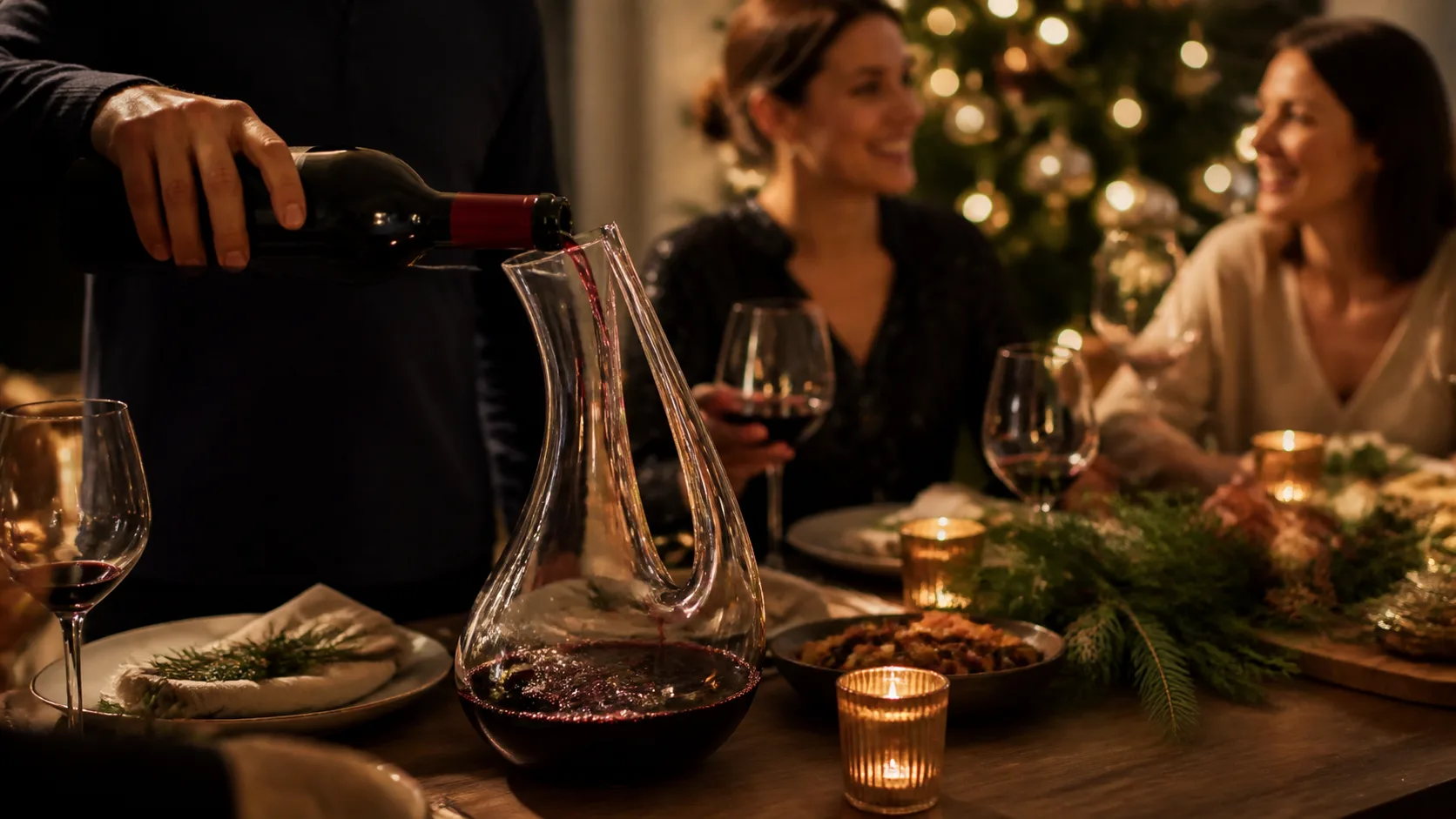 Representative curved glass wine decanter on a dinner table