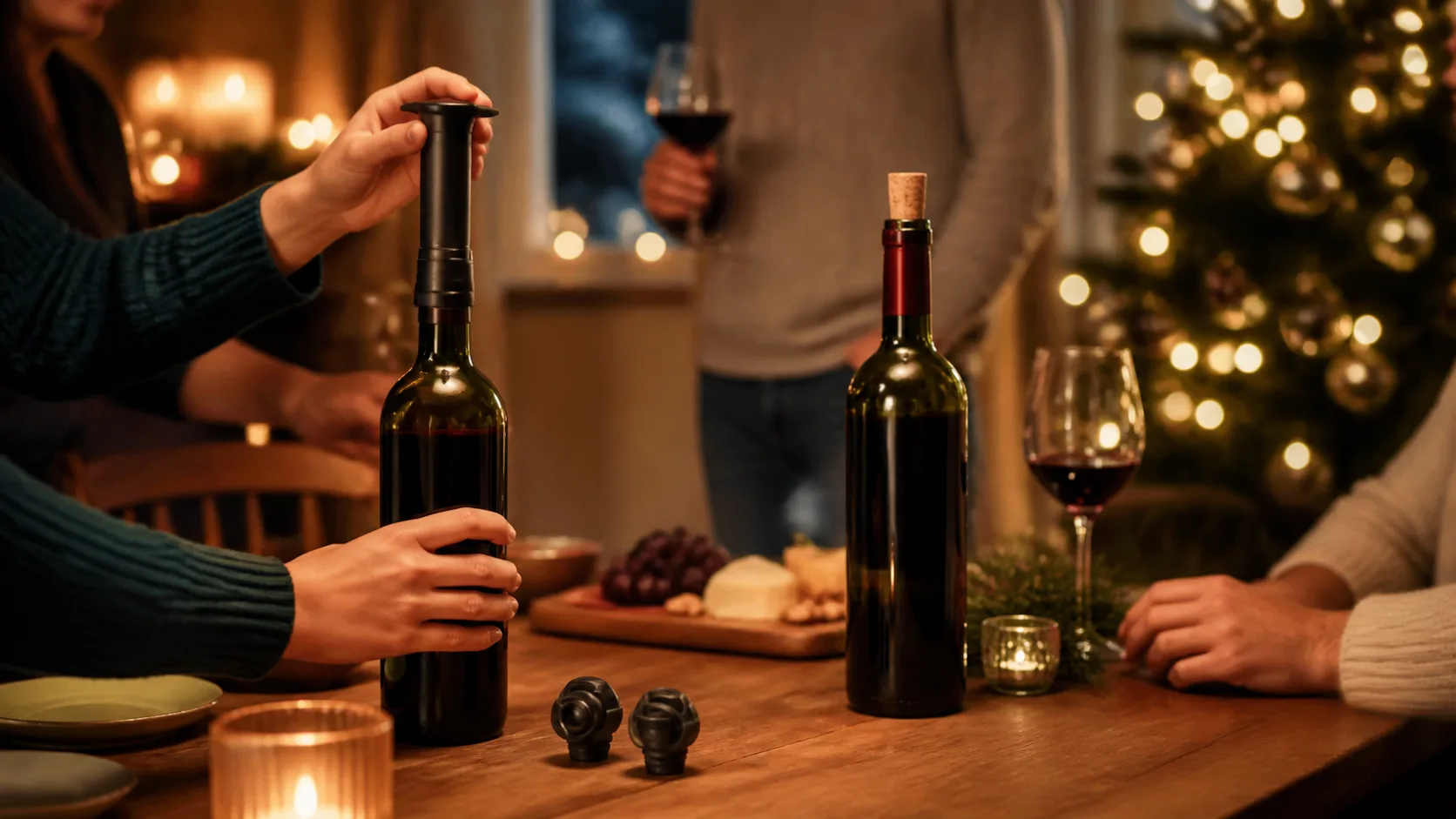 Representative vacuum pump with bottle stoppers beside a corked wine bottle