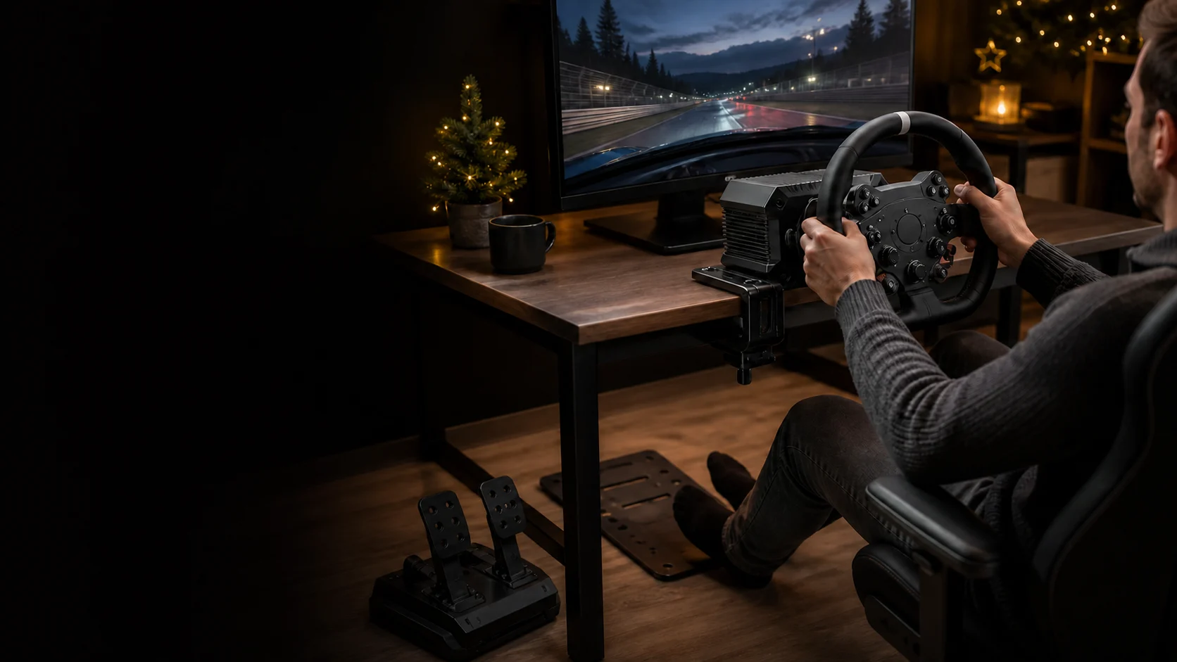 Representative racer using a generic direct-drive wheel while a separate pedal set waits beside the desk