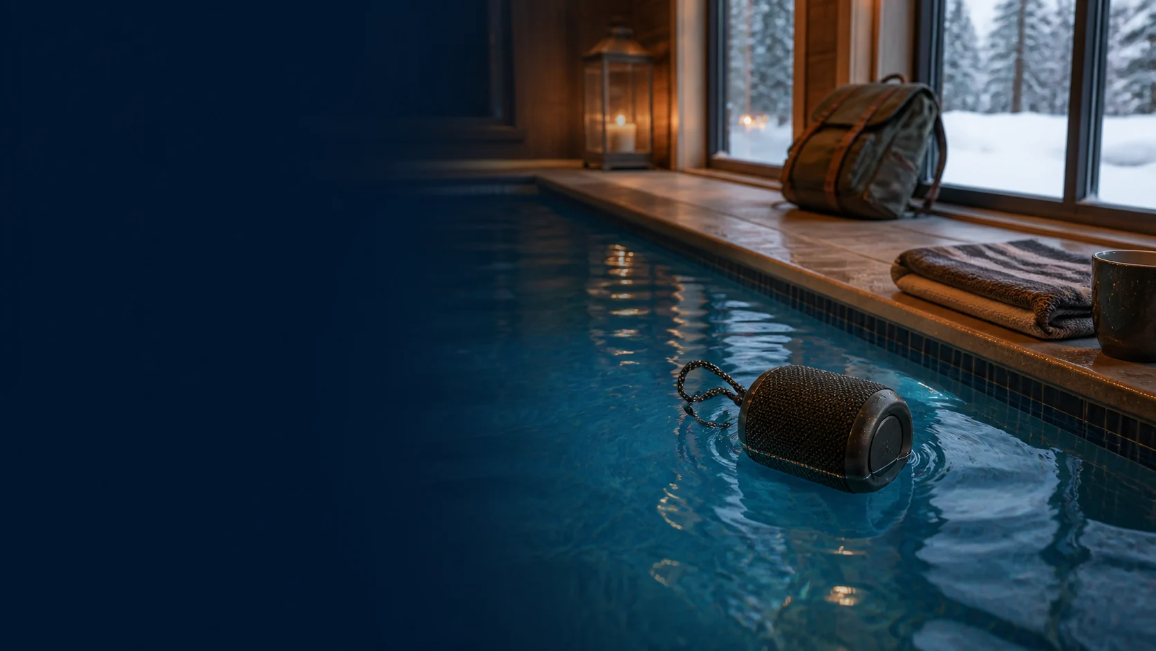 Representative waterproof portable speaker floating in a winter cabin pool