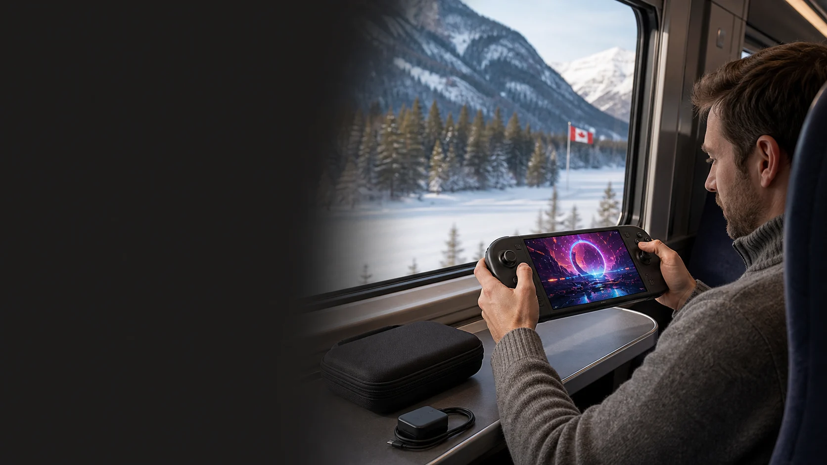 Representative traveller using a generic handheld gaming PC on a winter train